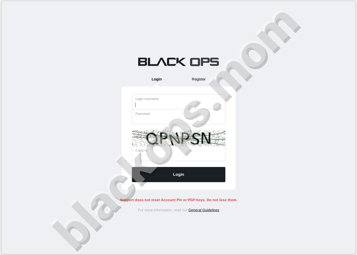 Blackops market login screen requiring PGP key and 2FA